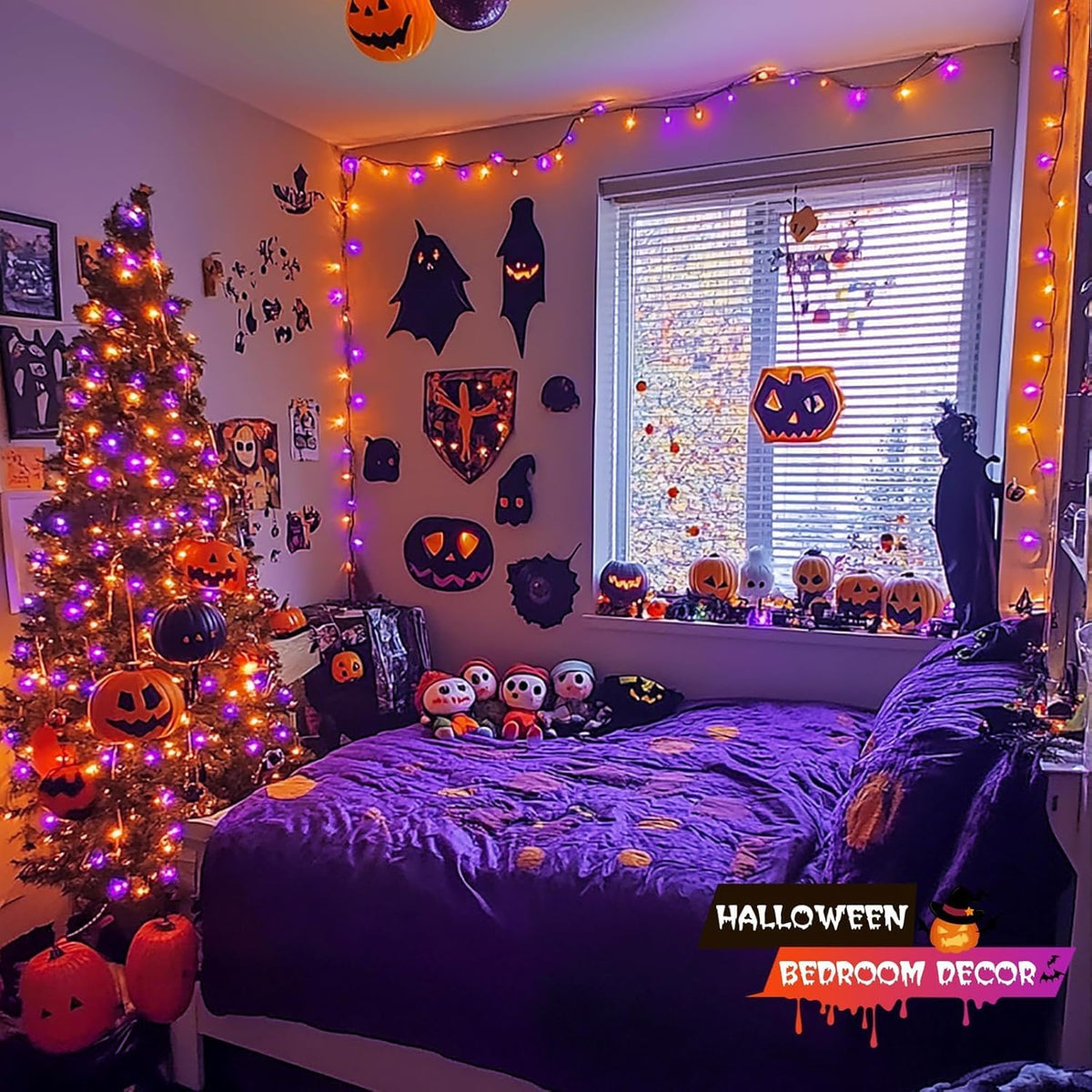 66Ft 200 LED Orange and Purple Halloween String Lights, Plug In