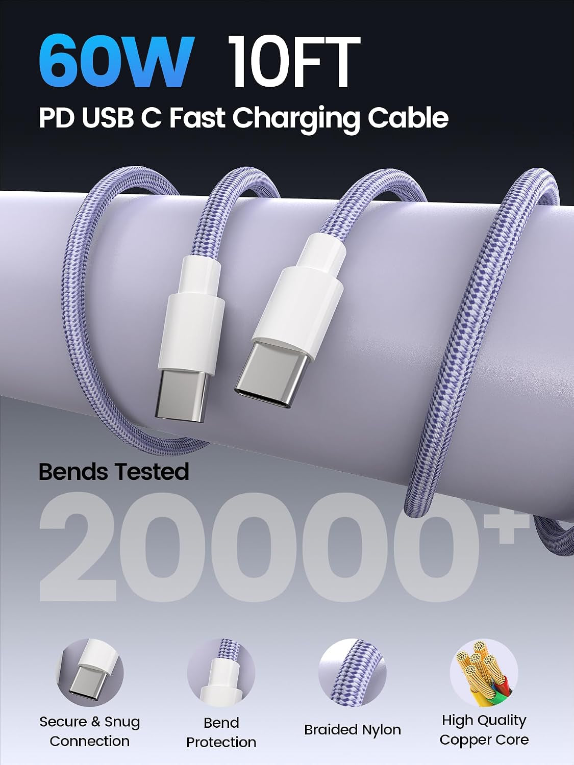 60W USB C Charger Block for Iphone 17 16 15, 2-Pack USB C Wall Charger with Total 60W Max Output,10Ft USB C Cable,Fast Charging Blocks for Iphone 17/16/15 Series,Galaxy,Pixel,Ipad-Lavender