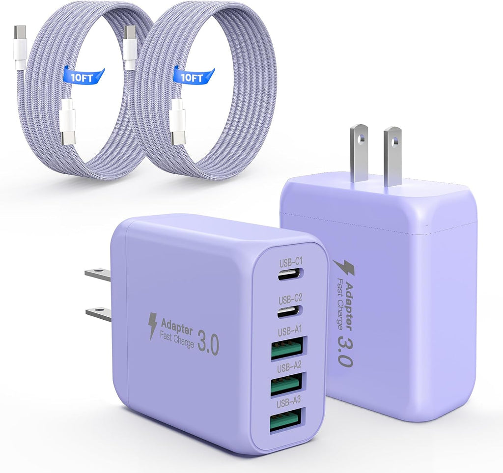 60W USB C Charger Block for Iphone 17 16 15, 2-Pack USB C Wall Charger with Total 60W Max Output,10Ft USB C Cable,Fast Charging Blocks for Iphone 17/16/15 Series,Galaxy,Pixel,Ipad-Lavender
