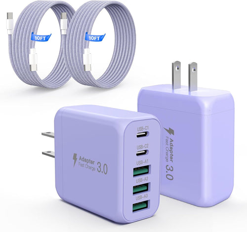 60W USB C Charger Block for Iphone 17 16 15, 2-Pack USB C Wall Charger with Total 60W Max Output,10Ft USB C Cable,Fast Charging Blocks for Iphone 17/16/15 Series,Galaxy,Pixel,Ipad-Lavender