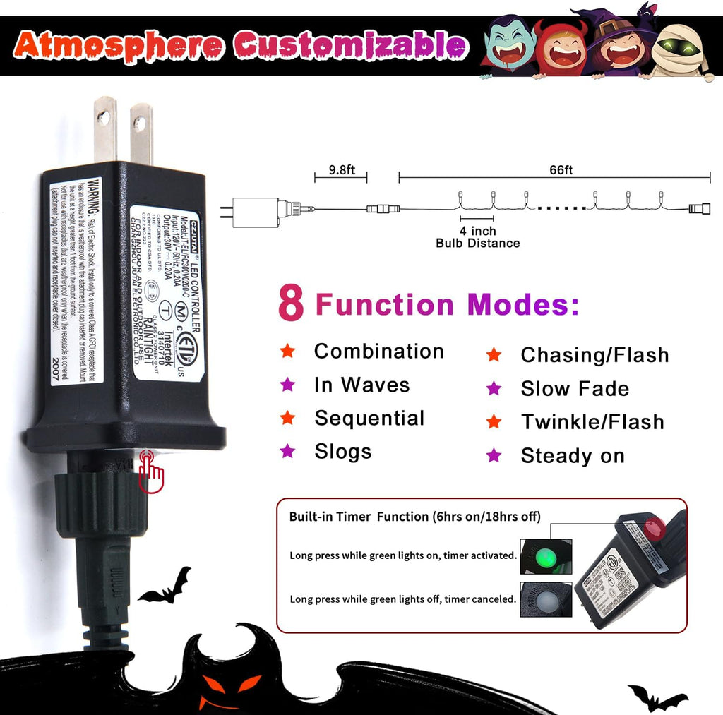66Ft 200 LED Orange and Purple Halloween String Lights, Plug In