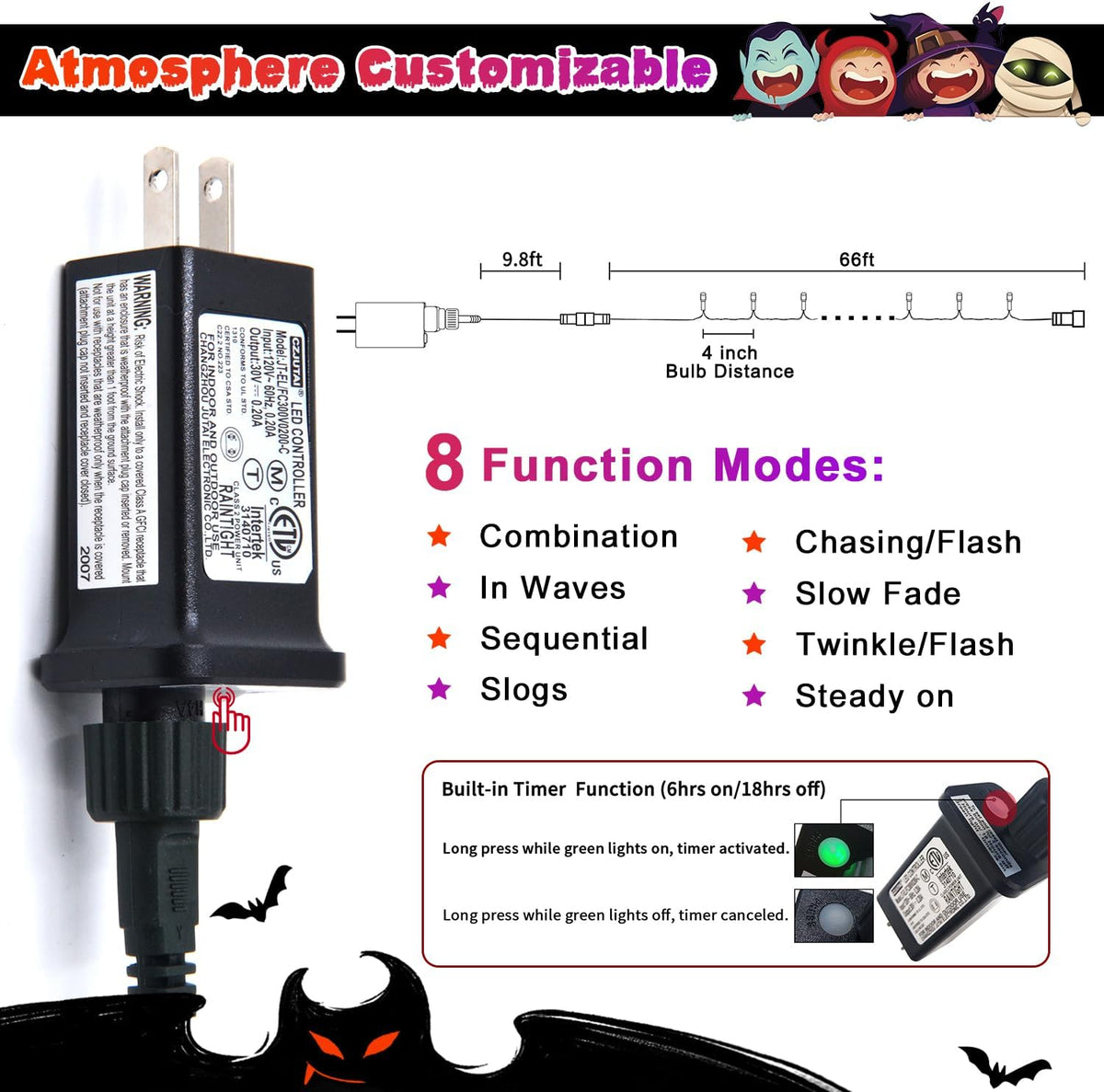 66Ft 200 LED Orange and Purple Halloween String Lights, Plug In